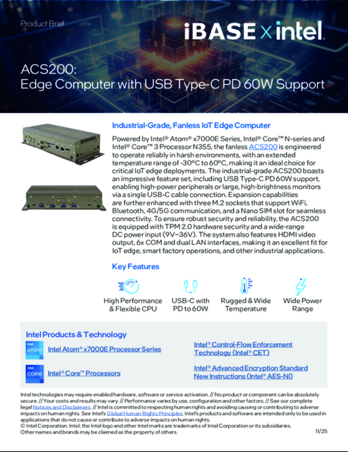 ACS200 : Edge Computer with USB Type-C PD 60W Support