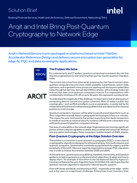 Arqit and Intel Bring Post-Quantum Cryptography to Network Edge