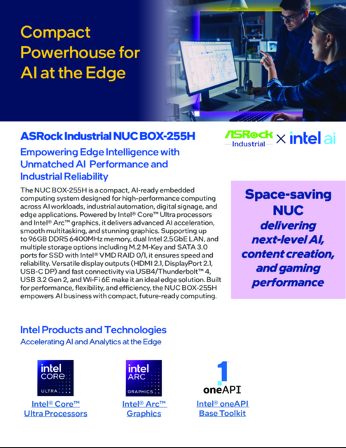 ASRock Industrial NUC BOX-255H - Empowering Edge Intelligence with Unmatched AI Performance and Industrial Reliability ASRock Industrial NUC BOX-255H - Empowering Edge Intelligence with Unmatched AI Performance and Industrial Reliability