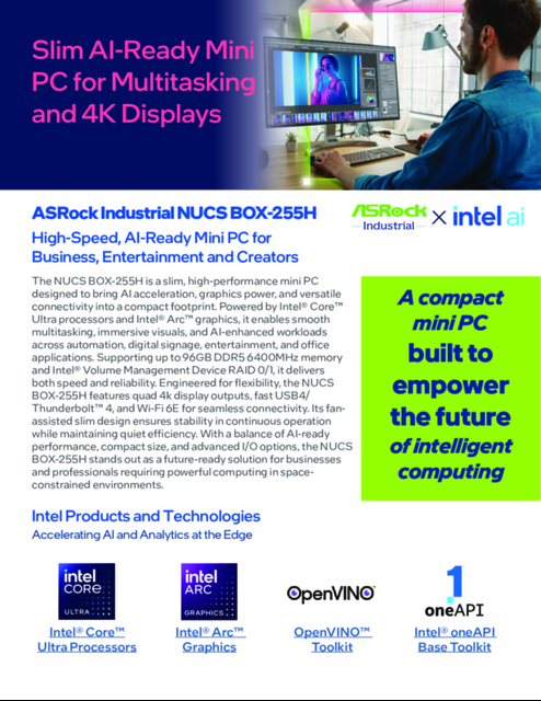 ASRock Industrial NUCS BOX-255H - High-Speed, AI-Ready Mini PC for Business, Entertainment and Creators ASRock Industrial NUCS BOX-255H - High-Speed, AI-Ready Mini PC for Business, Entertainment and Creators