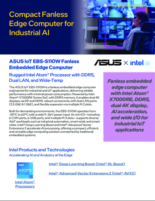 ASUS IoT EBS-S110W Fanless Embedded Edge Computer - Rugged Intel Atom® Processor with DDR5 , Dual LAN, and Wide-Temp