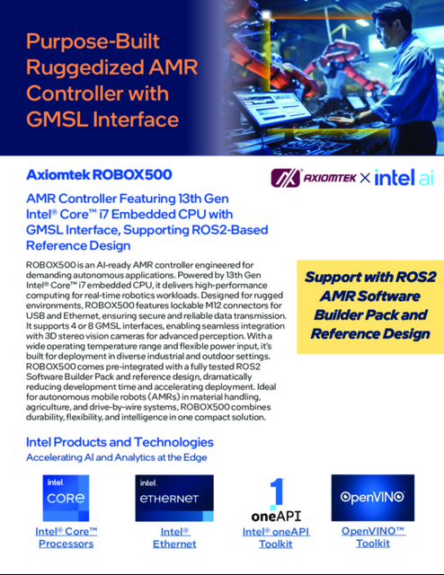 Axiomtek ROBOX500 : AMR Controller Featuring 13th Gen Intel® Core™ i7 Embedded CPU with GMSL Interface, Supporting ROS2-Based Reference Design Axiomtek ROBOX500 : AMR Controller Featuring 13th Gen Intel® Core™ i7 Embedded CPU with GMSL Interface, Supporting ROS2-Based Reference Design
