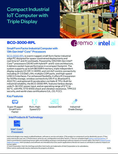 BCO-3000-RPL: Small Form Factor Industrial Computer with 13th Gen Intel® Core™ Processors...