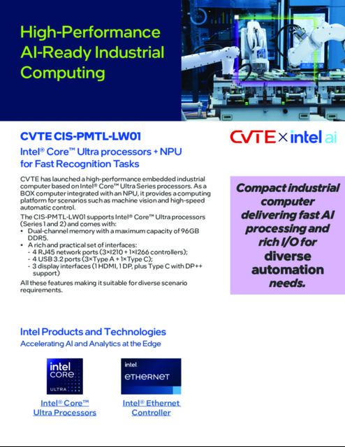 CVTE CIS-PMTL-LW01 Intel® Core™ Ultra processors + NPU for Fast Recognition Tasks...