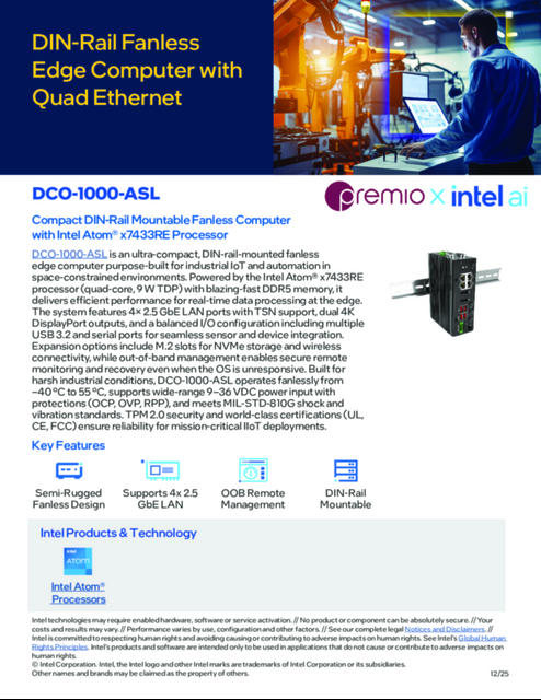 DCO-1000-ASL: Compact DIN-Rail Mountable Fanless Computer with Intel Atom® x7433RE Processor...