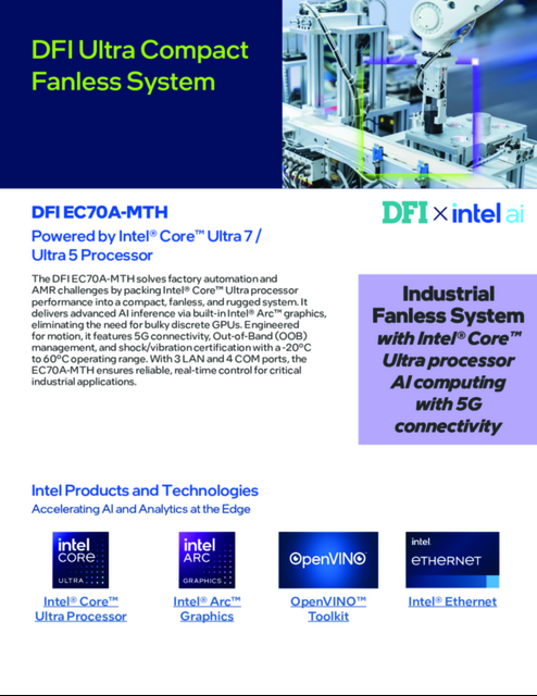 DFI EC70A-MTH: Ultra-Compact Fanless System Powered by Intel® Core™ Ultra 7 and Ultra 5 processors... 