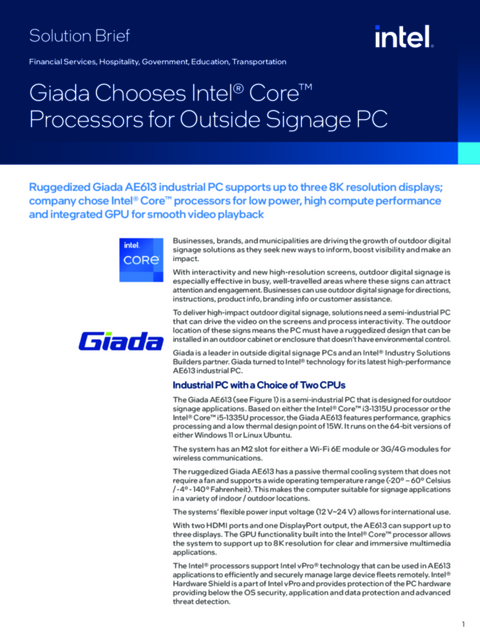 Giada Chooses Intel® Core™ Processors for Outside Signage PC... 
