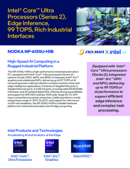 Intel® Core™ Ultra Processors (Series 2) Edge Inference with 99 TOPS and Rich Industrial Interfaces... 