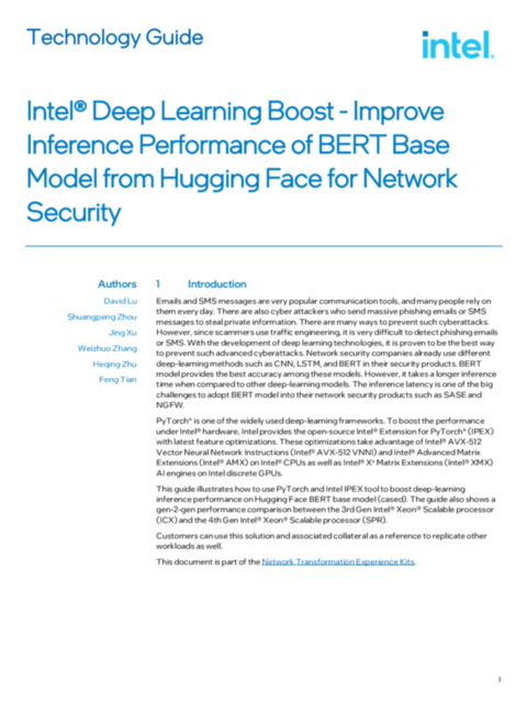 Intel® Deep Learning Boost - Improve Inference Performance of BERT Base Model from Hugging Face for Network Security Technology Guide