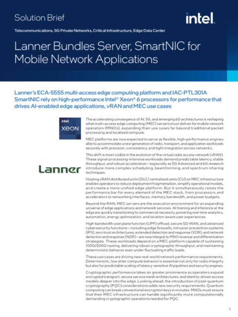 Lanner Bundles Server, SmartNIC for Mobile Network Applications...