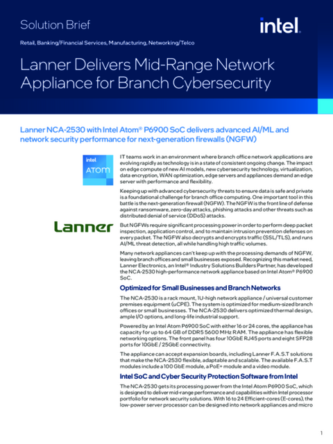 Lanner Delivers Mid-Range Network Appliance for Branch Cybersecurity
