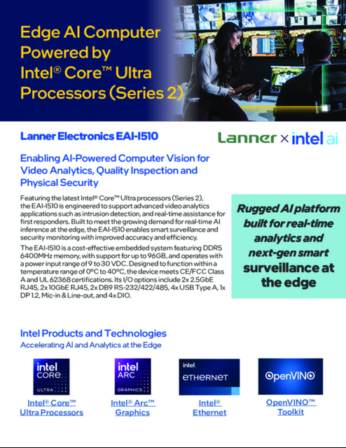 Lanner Electronics EAI-I510 : Enabling AI-Powered Computer Vision for Video Analytics Lanner Electronics EAI-I510 : Enabling AI-Powered Computer Vision for Video Analytics