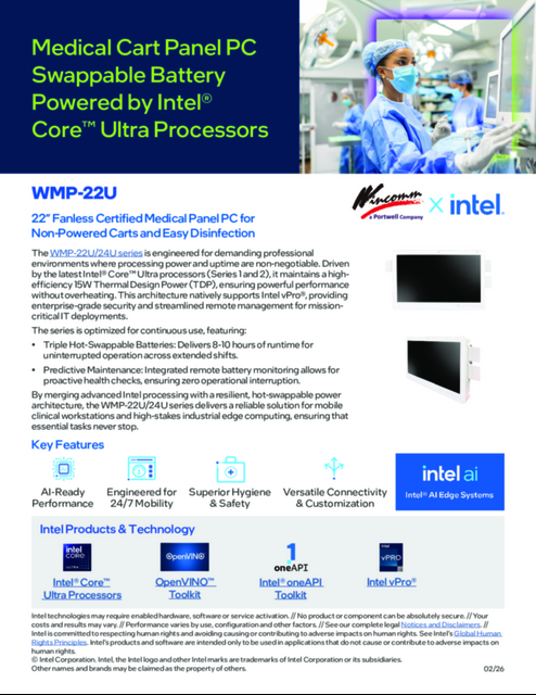 Medical Cart Panel PC Swappable Battery Powered by Intel® Core™ Ultra Processors