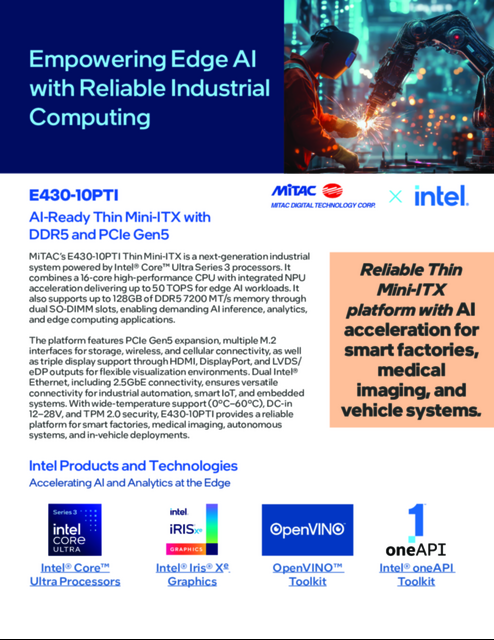 MiTAC E430-10PTI Thin Mini-ITX with Intel® Core™ Ultra Series 3 Processors