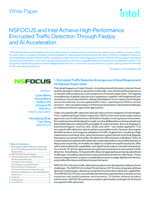 NSFOCUS and Intel Achieve High-Performance Encrypted Traffic Detection Through Fastjoy and AI Acceleration... 