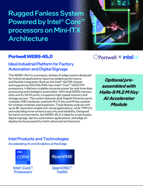 Portwell WEBS-45J1 : Ideal Industrial Platform for Factory Automation and Digital Signage... 