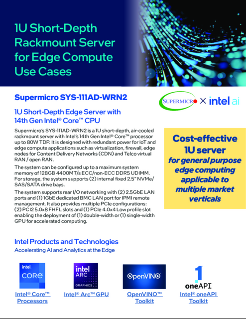 Supermicro SYS-111AD-WRN2 : 1U Short-Depth Edge Server with 14th Gen Intel® Core™ CPU