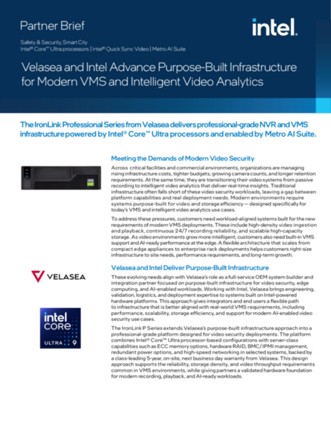 Velasea and Intel Advance Purpose-Built Infrastructure for Modern VMS and Intelligent Video Analytics